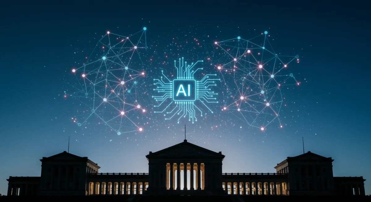 Artificial intelligence network overlapping government buildings, representing AI regulation discussions