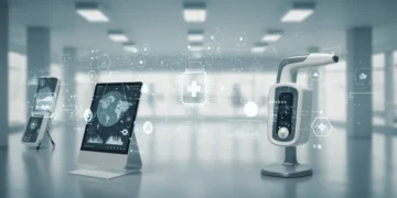 Advanced AI medical devices with glowing interfaces in a futuristic healthcare setting