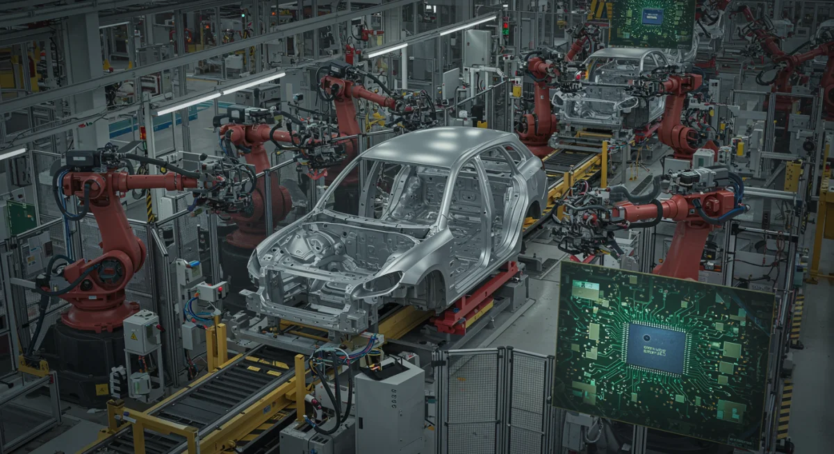 Automotive assembly line robots installing components, showing reliance on semiconductor chips.