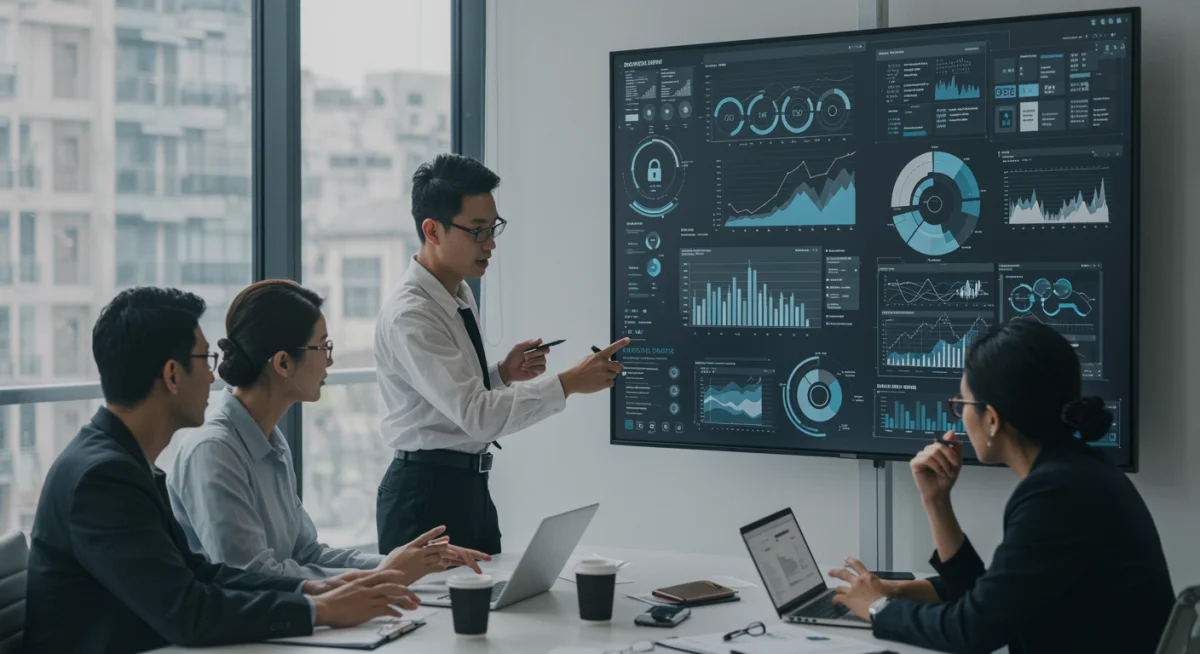 Business professionals discussing cybersecurity strategy and risk assessments.