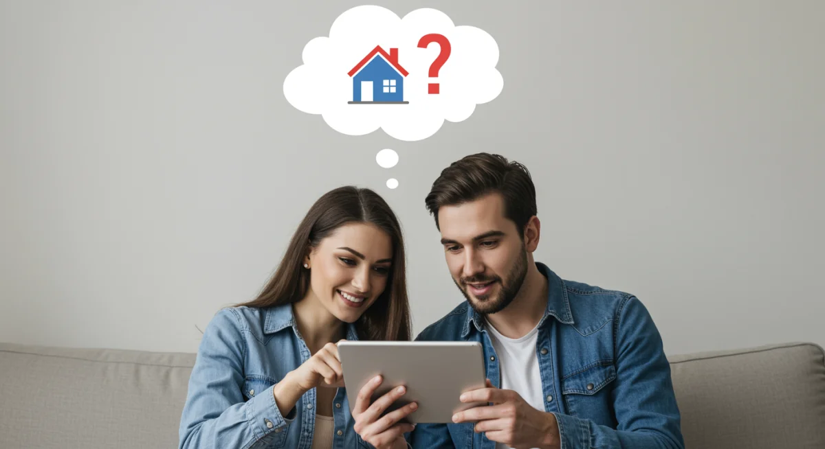 Couple analyzing real estate listings with uncertainty