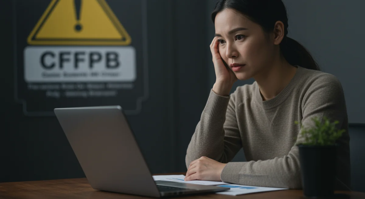 Consumer reviewing financial statements on laptop, highlighting personal finance security and CFPB guidance.