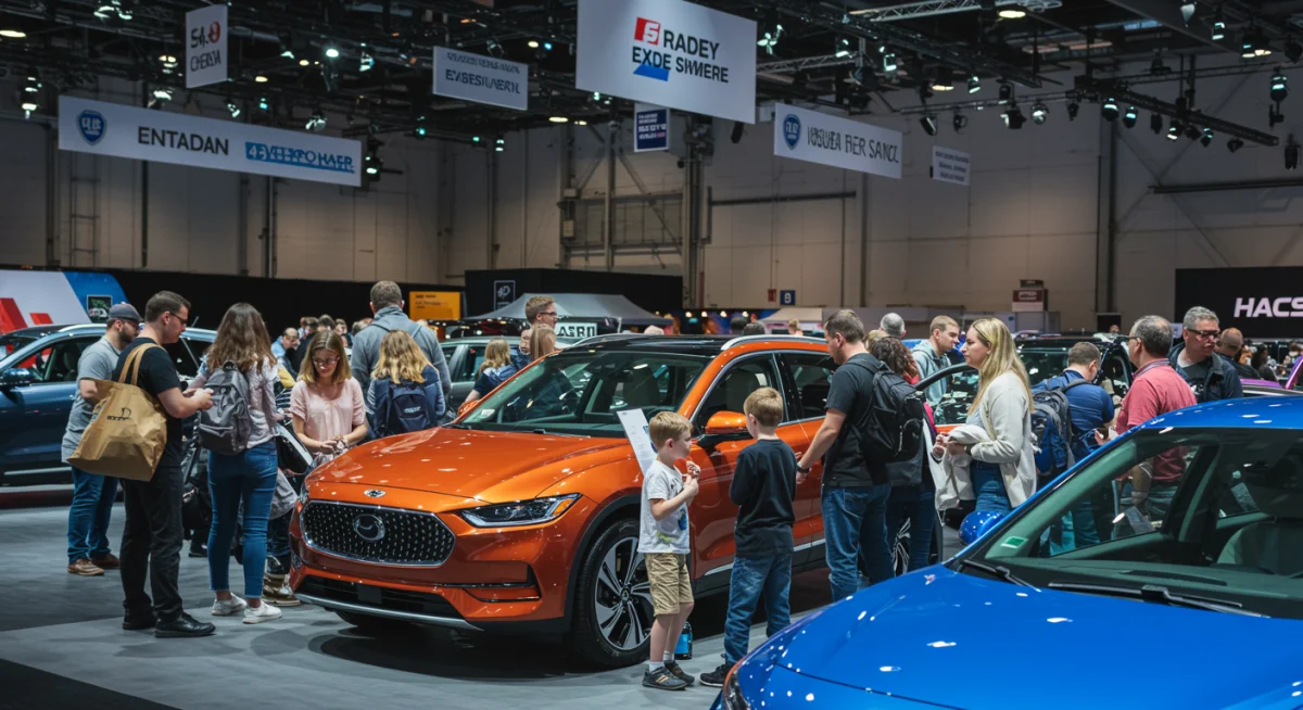 Consumers exploring electric vehicle models at an auto show