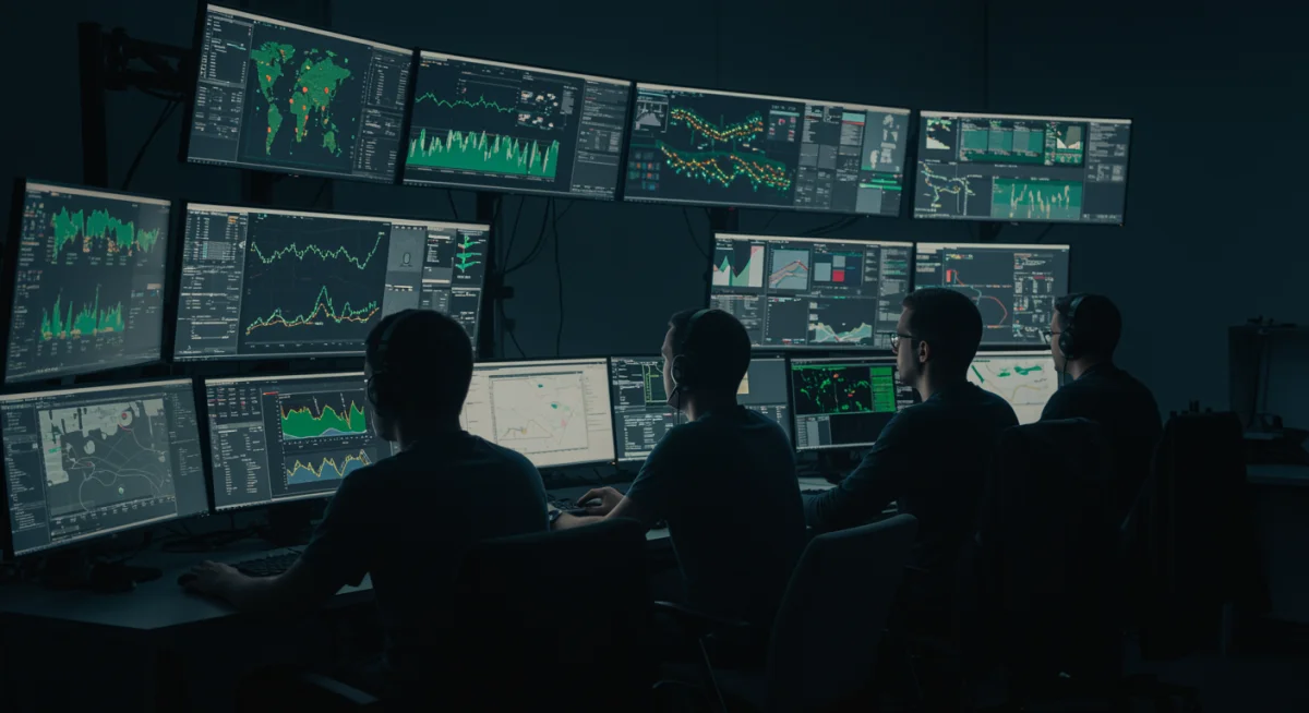 Cybersecurity analysts monitoring threat intelligence in a control room