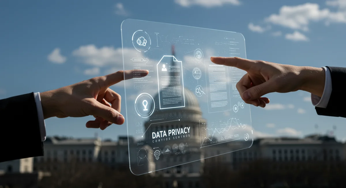 Hands navigating data privacy regulations on a holographic screen, symbolizing new tech policies