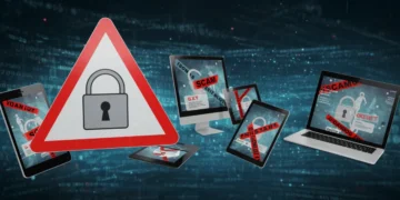 Digital lock with warning sign, representing cybersecurity threats and consumer protection against online scams.