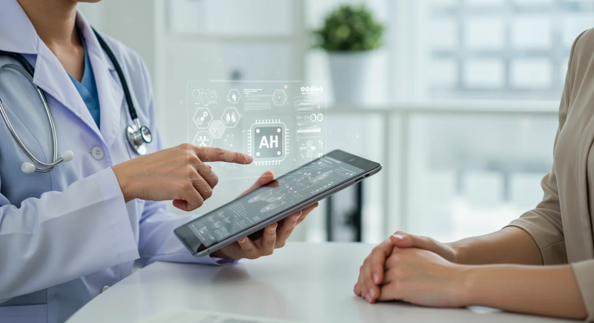 Doctor and patient reviewing AI diagnostic data on a tablet