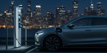 Electric vehicle charging at a public station in a city at dusk