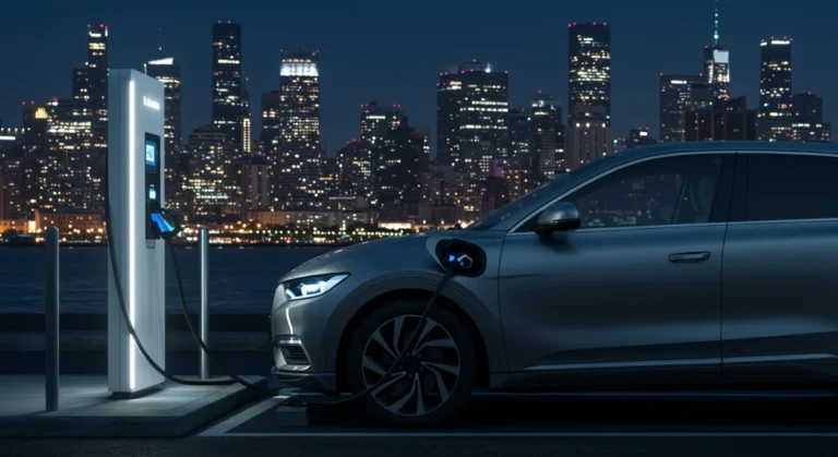 Electric vehicle charging at a public station in a city at dusk