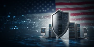 Digital shield protecting a network of computers, symbolizing new federal cybersecurity mandates for US businesses.