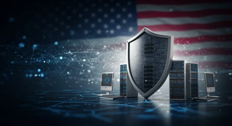 Digital shield protecting a network of computers, symbolizing new federal cybersecurity mandates for US businesses.