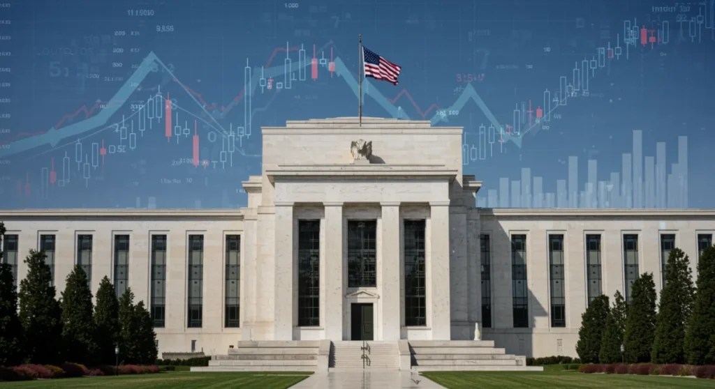 Federal Reserve building with economic charts and arrows indicating inflation trends.