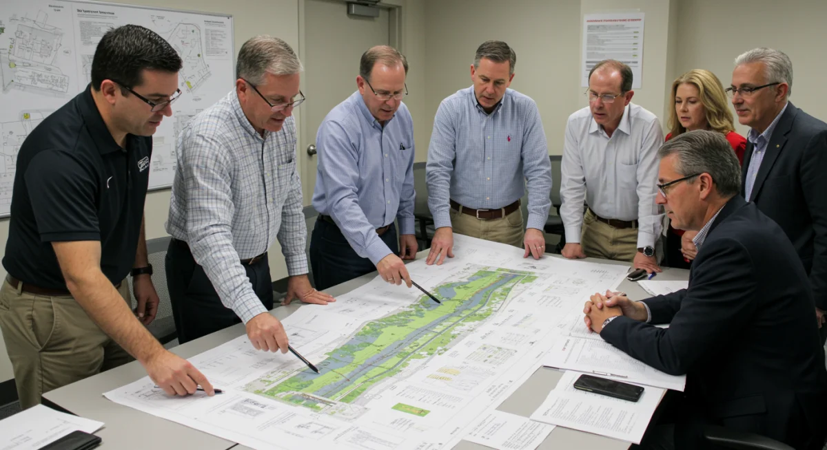 Engineers reviewing flood protection blueprints for resilience