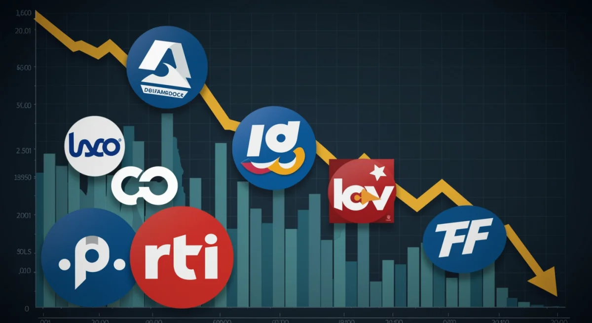 Stock market graph showing decline with major US tech company logos, representing market correction
