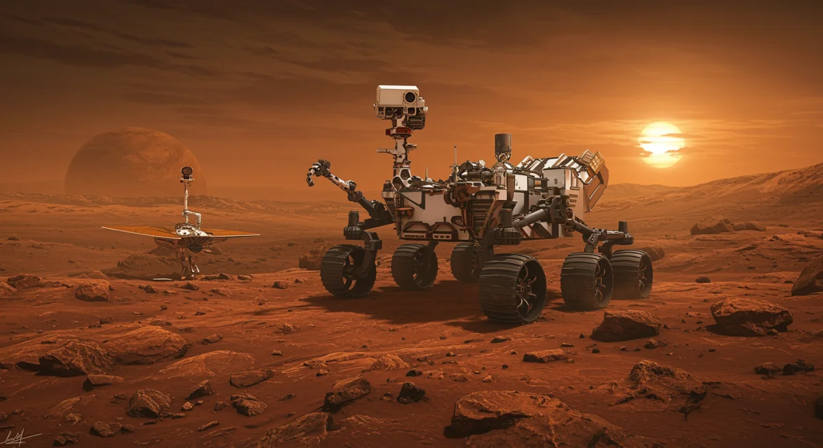 Artist's rendition of a NASA rover on Mars, conducting scientific research