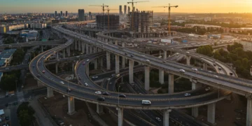 Modern highway interchange with city skyline reflecting national infrastructure upgrades by 2026