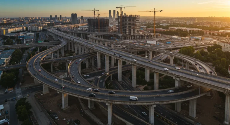 Modern highway interchange with city skyline reflecting national infrastructure upgrades by 2026