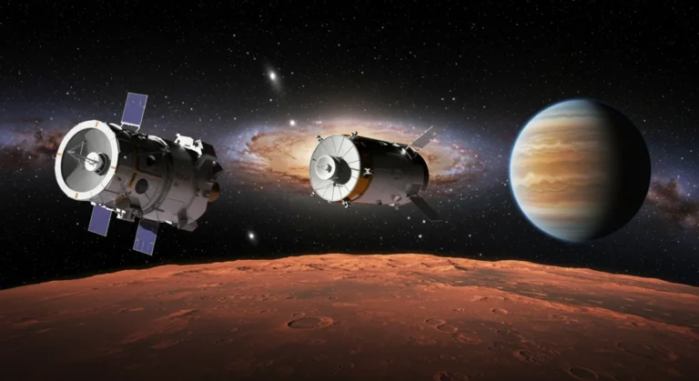 Futuristic spacecraft representing NASA's new missions against cosmic backgrounds