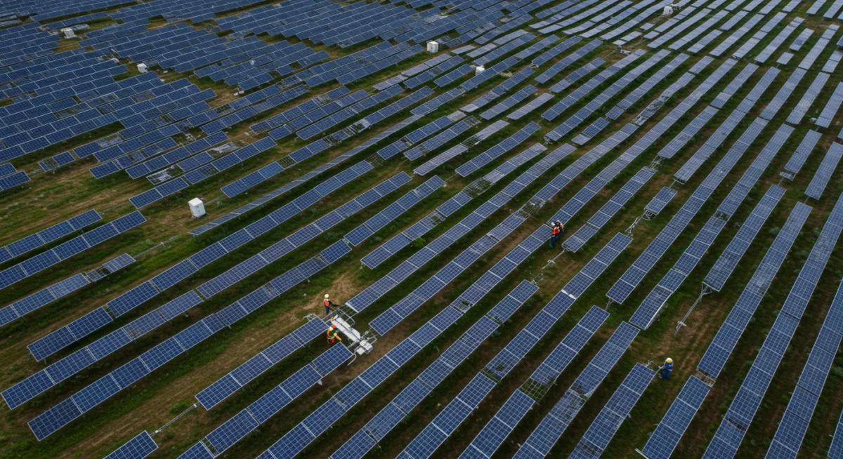 Aerial view of a vast solar farm with technicians, illustrating clean energy infrastructure and employment.