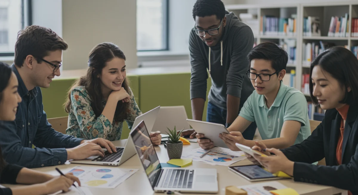 Diverse students collaborating with digital devices