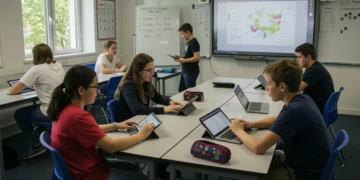 Students using digital learning tools in a modern classroom setting