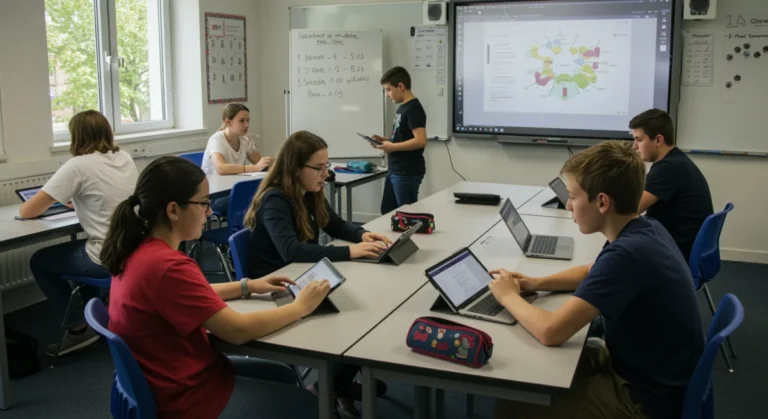 Students using digital learning tools in a modern classroom setting