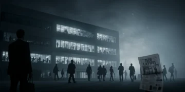 Tech company building at dusk with silhouettes of departing employees, symbolizing Q4 2024 layoffs