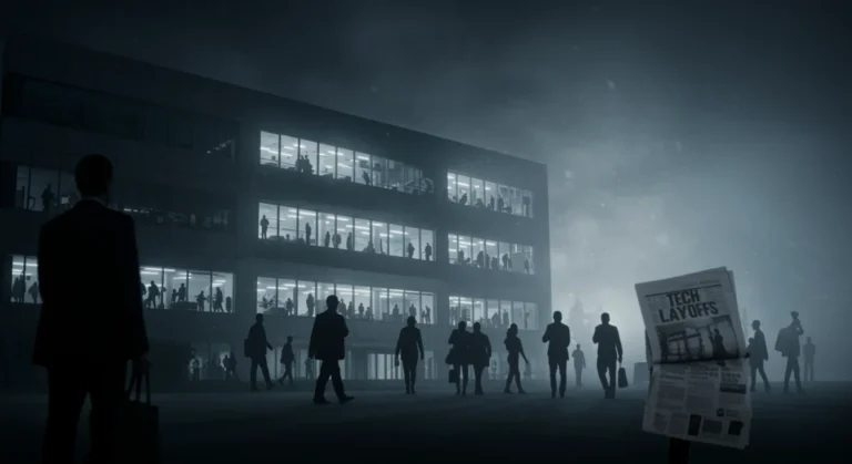 Tech company building at dusk with silhouettes of departing employees, symbolizing Q4 2024 layoffs