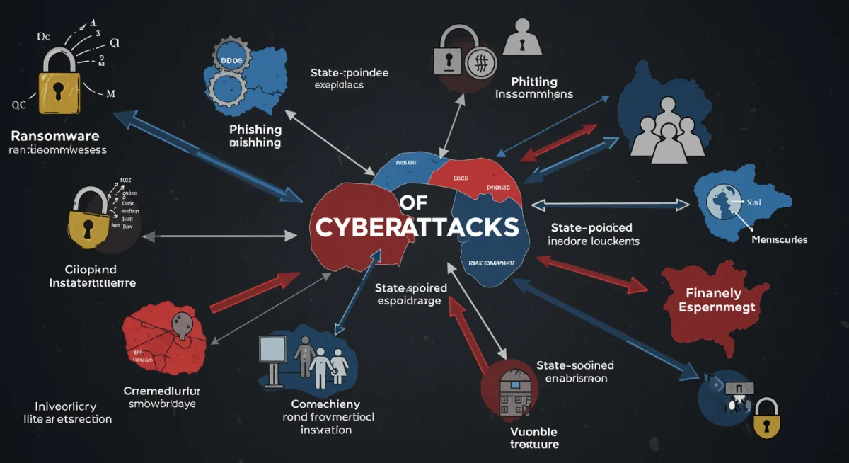 Infographic showing diverse cyberattack types targeting critical sectors