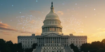 U.S. Capitol with digital overlay representing tech policy shifts in Washington D.C. by Spring 2025