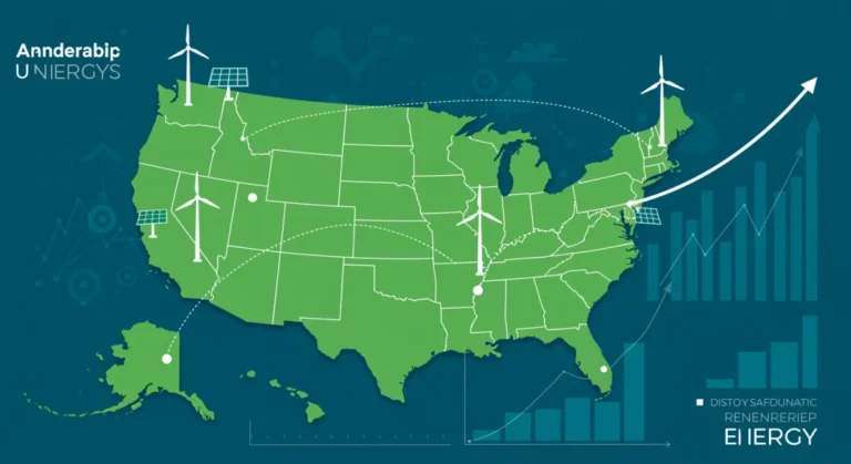 Map highlighting five US states leading in renewable energy adoption and job growth for Q1 2025.